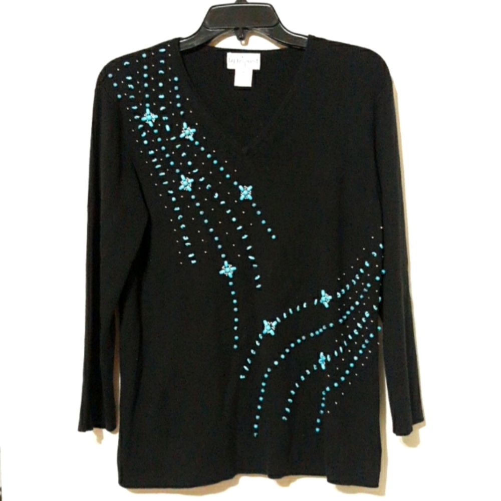Vtg Black Sweater Size Medium V Neck Turquoise Beads Runs Large
